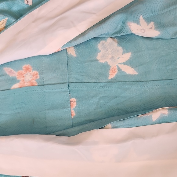 Vintage Japanese Kimono Turquoise Botanical Leaves Blue - Picture 9 of 11